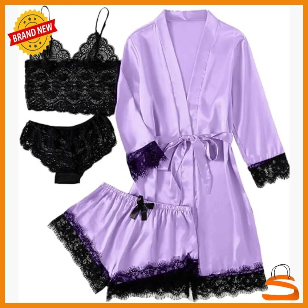 Satin Floral Lace Trim Cami Pajama Set with Robe, 4-Piece Sleepwear